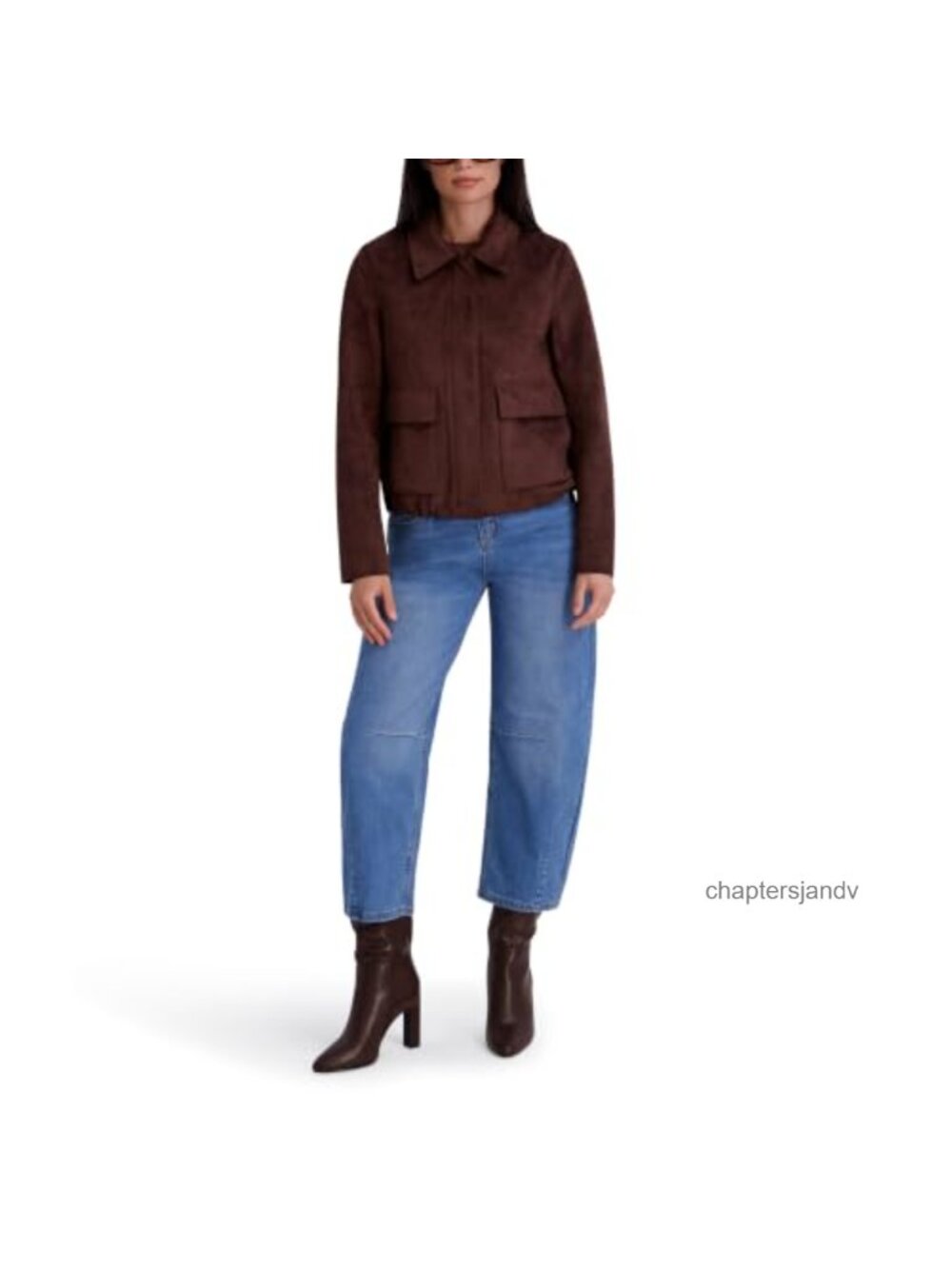 Faux Suede Patch Pocket Jacket Point Collar Zip Front Bubble Hem